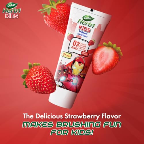 Image of Dabur Herb'l Kids Iron Man Toothpaste - 160g (80g x 2) | Strawberry Flavour | 3+ Years | No Added Chemicals | Cavity Protection | Fights Germs | Strong Teeth & Healthy Gums | SLS & Fluoride Free