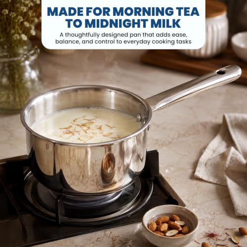 Image of Triply Stainless Steel Sauce Pan | 16cm 1.5L Tea Chai Milk Pan | Strong Stainless Steel Handle | Non Toxic Rust Free | Induction Gas Electric Ceramic Compatible | Durable Everyday Cookware