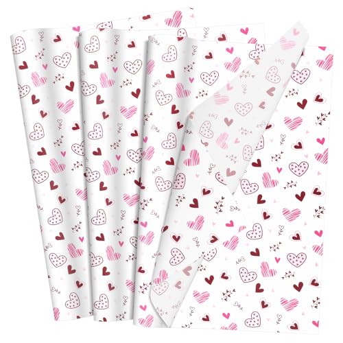 60 Sheets Gift Wrapping Tissue Paper Bulk Pink Heart Blossom Tissue Paper for Gift Bags Decorative Art Papers for DIY Crafts Valentines Day Wedding Baby Showers Party Decor 20x14 Inches