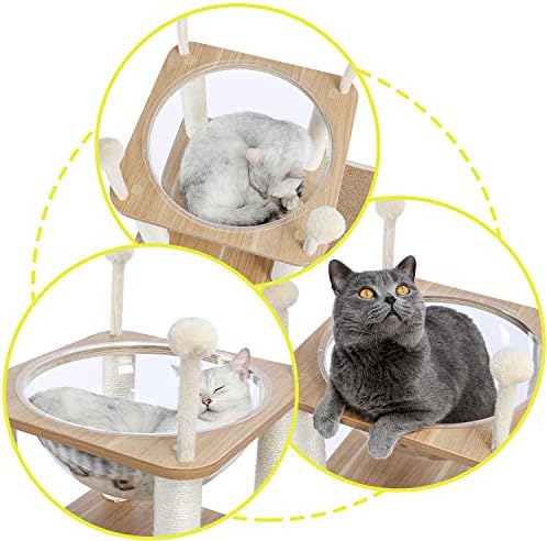 PAWZ Road Luxury Cat Tree with Space Acrylic Nest with sisal-covered scratching posts, Cat Play Tower Wooden Cat Tree Cat Activity Center, Cat Castle stable & sturdy Beige 130cm