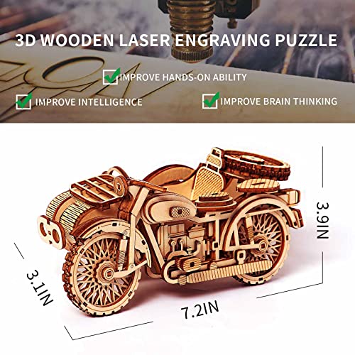 Motorcycle With Sidecar 3D Puzzle - Wooden Model Kit for Adults - Retro Design Tricycle Motorbike Building Set - Image 2