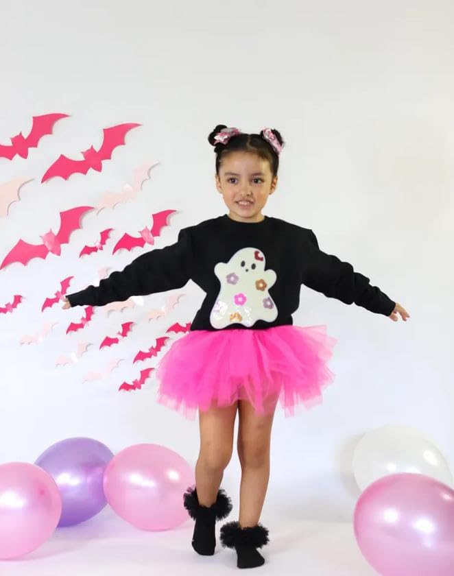 Fernvia Toddler Baby Girl Halloween Outfit Ghost Embroidery Long Sleeve Sweatshirt Tulle Skirt Set Fall Winter Clothes2