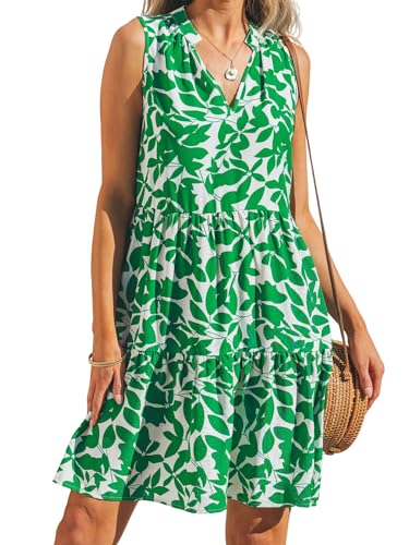 Image of CUPSHE Women's Ruffle Beach Mini Dress Split V Neck A Line Sleeveless Geometric Stripe Tropical Leaf Pattern Summer Dresses