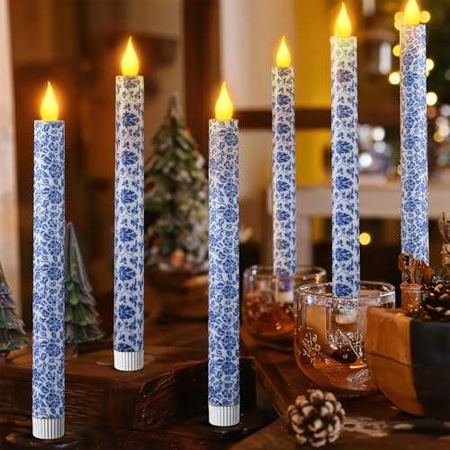 Velas cónicas sin llama con acabado de porcelana fina azul y blanca de diseño exclusivo