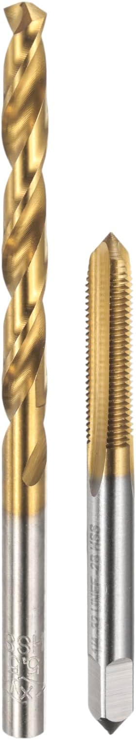 uxcell Tap and Drill Bit Set, 1pcs 1/4-32 UNEF Straight Flute Thread Screw Tap & 1pcs 5.5mm Twist Drill Bit, Titanium Coated HSS-6542 Tapping Threading Tool Kit