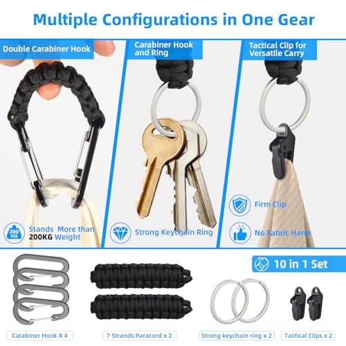 WIZFOKO Paracord Keychain Carabiner Set with Tactical Clips, D-Ring Lanyard Hook, Multi-Function EDC Gear for Backpacks, Water Bottles, Hiking, Camping, Outdoor & Everyday Carry