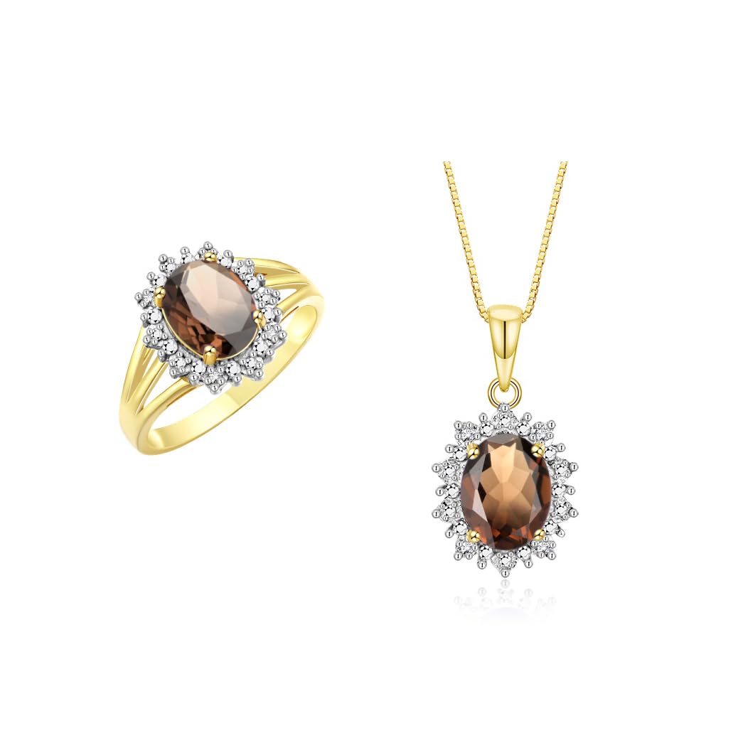 Rylos Women's Yellow Gold Plated Silver Princess Diana Ring &amp; Pendant Set. Gemstone &amp; Diamonds, 9X7MM Birthstone. Matching Friendship Jewelry, Sizes 5-10.