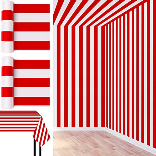 Jecery 2 Pcs 54 Inch X 100 Ft Roll Red And White Striped Tablecloth Roll Circus Tent Backdrop Carnival Circus Decorations For Birthday Photography Supplies Photo Booth Props #TOP4
