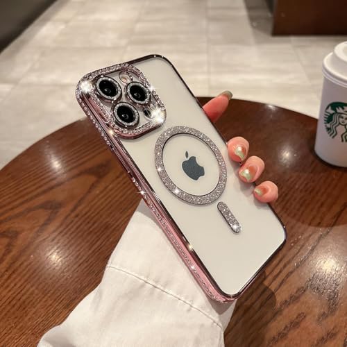 Image of The Little Shop Clear Magnetic Diamond Glitter Case for iPhone 14 Pro||Full Camera Protection Luxury Bling Transparent Shockproof for Magsafe Women Girls Cute Cover|Pink