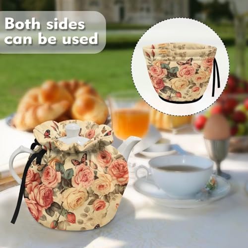 Image of Rose Butterfly Tea Cozy Kettle Dust Cover Large Tea Cosy Portable Easy to Clean Tea Pot Dust Cover Insulated Tea Cosy for Home Kitchen Office Holiday Party Decor
