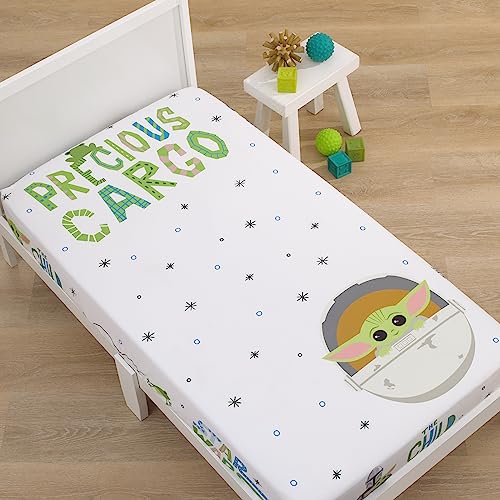 Image of NoJo Star Wars The Mandalorian Grogu, White, Green, and Blue Precious Cargo Photo Op Nursery Fitted Crib Sheet