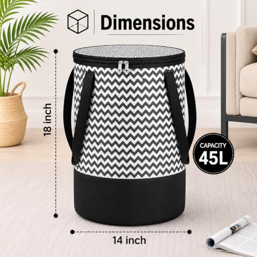 Image of Large Collapsible Laundry Hamper, 45L Capacity, Zip-Top Lid & Carry Handles, Space-Saving Foldable Design, Black