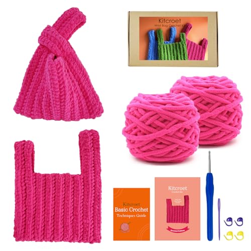 Kitcroet Kit de bolsa de crochê, bolsa de pulso, kit de crochê para iniciantes para adultos com tutoriais em vídeo passo a passo, faça você mesmo, suprimentos de tricô para iniciantes, kit completo