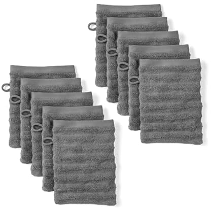 Pure Label Waschlappen - 10er-Pack 16x21cm aus 100% Baumwolle - saugstark, schnelltrockend & weich - Waschhandschuh mit Anhängeschlaufe - Oeko-TEX Zertifiziert - Anthrazit