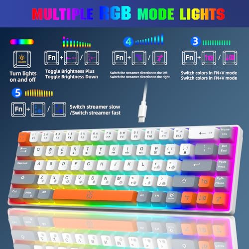 Image of Snpurdiri 60% Percent Gaming Keyboard, Ergonomic Compact RGB Backlit Small Gaming Keyboard for Windows, PC, Laptop (68 Keys, White-Grey-Orange)