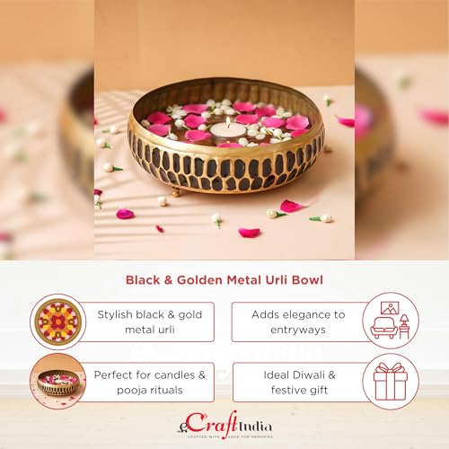 Image of eCraftIndia Black Golden Metal Urli Bowl for Home Decoration Office Tv Unit Kitchen Showpiece for Good Luck | Urli for Floating Candles Flowers for Pooja Room Entryway Living Room Diwali Gift