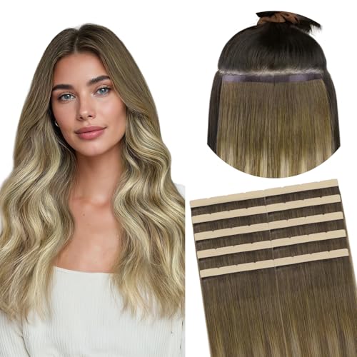 Image of GOO GOO Tape In Weft Hair Extensions Human Hair, 3 /8 /613 Walnut Brown to Ash Brown and Bleach Blonde, 8cm Wide Tape, 22inch 10pcs 50g, Tape Weft Hair Extensions, Seamless Tape in