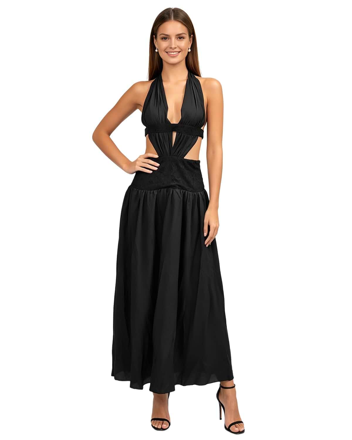 Women Tie Halter Cutout Lace Waist Backless Maxi Evening Dress Soft stretch,sleeveless,open back,self tie neck straps, hollow waist cutout,long flowy gown for prom dinner beach