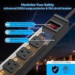 Bande de puissance longue, 2100 Bande de puissance du protecteur de surpression lourde de Joules, barre de puissance en métal mince avec 6ft 14AWG Cord, 8-Outlet, ETL Répertorié, pour Mont mural, Sous-sol, Garage, Atelier Noir