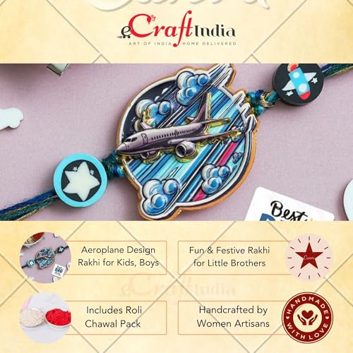Image of eCraftIndia Aeroplane Design Rakhi for Kids Girls Boys with Best Bro Ever Fridge Magnet | Raksha Bandhan Fridge Magnet Kids Rakhi for Brother Bhaiya Bhai | Roli Chawal Pack