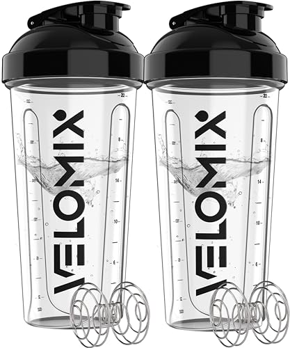 Image of VELOMIX -2 Pack- 28 oz Protein Shaker Bottles for Protein Mixes - 2x Wire Whisk | Leak Proof Shaker Cups for Protein Shakes and Pre Workout | Protein Shaker Bottle Pack (D6) Transparent
