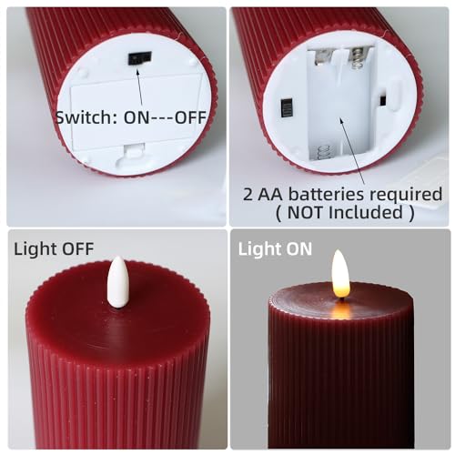 Image of 3 Pack Wax LED Flameless Candles with Remote Real Wax Battery Operated Electric Pillar Candle Set with Vertical Stripes 3D Black Wick for Home Party Wedding Decorations, Burgundy, D 3 x H 4 /5 /6 inch