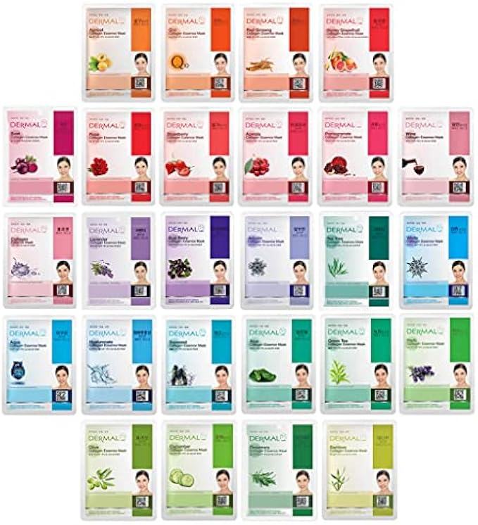 DERMAL 26 Combo Pack Collagen Essence Korean Face Mask (Red & Green) - Hydrating & Soothing Facial Mask with Panthenol - Hypoallergenic Sheet Mask for All Skin Types - Natural Home Spa Treatment Mask