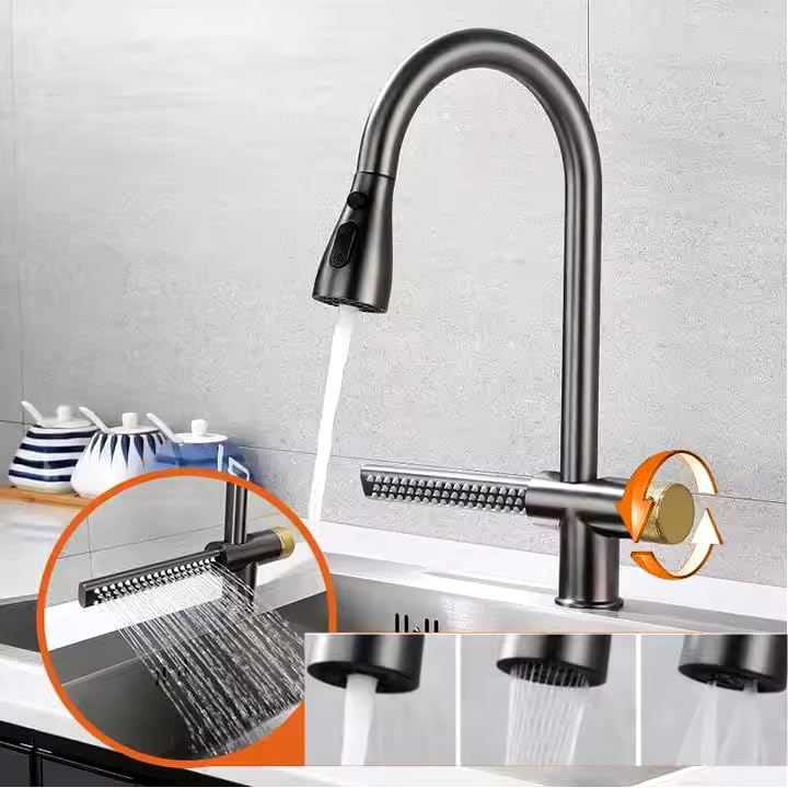 Image of B Backline Brass Waterfall Kitchen Sink Hot & Cold Mixer Tap /Faucet 360 Rotatable Pull Out Kitchen Faucet Multi-Function Dual Spray Head Technology /Kitchen Sink Tap (Grey Matt)