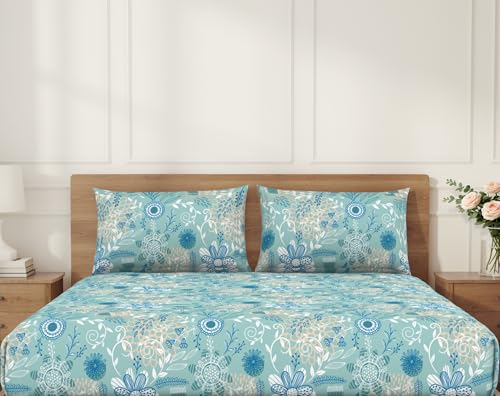 Image of Welspun ENZO King Size Fitted Bedsheet with 2 Pillow Covers | 360 Elastic | 100% Pure Cotton | 72 x 79 Inches | Soft, Breathable, Lightweight & Easy Care | Eggshell Blue