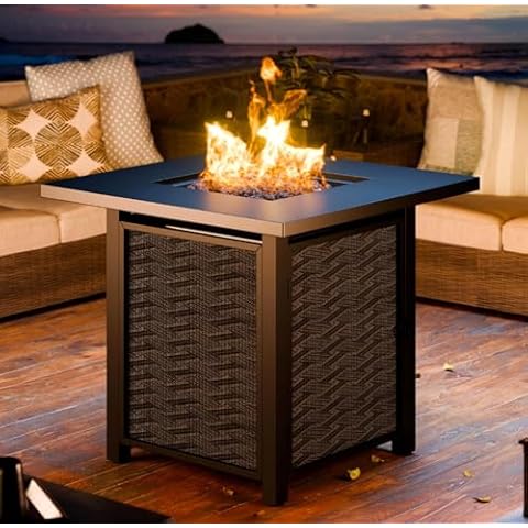 JAMFLY 28 Inch Propane Fire Pit Table Outdoor Gas Fire Pit, 50,000 BTU Square Fire Table with Lava Rocks and Lid, 2-in-1 Fire Table for Outside Patio, Backyard, Garden Cover