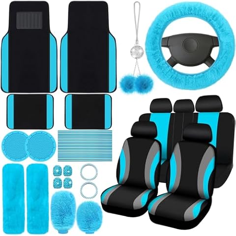ROCEEI 47 Pcs Car Seat Cover Full Set Car Accessories for Car Front Rear Seat Cover Fluffy Steering Wheel Cover Seat Belt Automotive Floor Mats Car Air Conditioner Decoration Strip (Lake Blue) Cover