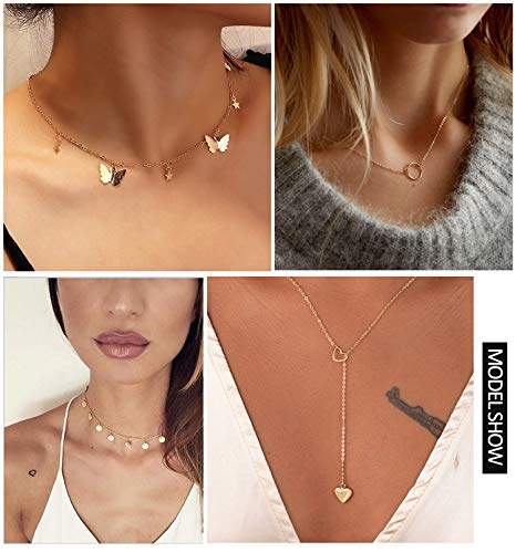 Honsny 20PCS 14K Gold Plated Choker Necklaces for Women, Dainty Gold Diamond Coin Pearl Pendant Simple Chain Necklace Set Cute Gold Layered Necklaces for Women Teen Jewelry Gifts3