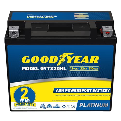Goodyear GYTX20HL - 12 Volt 22 AH 310 CCA Rechargeable High-Performance Maintenance Free SLA - AGM Battery for Motorcycle ATV UTV Scooter Snowmobile Motorbike and more!