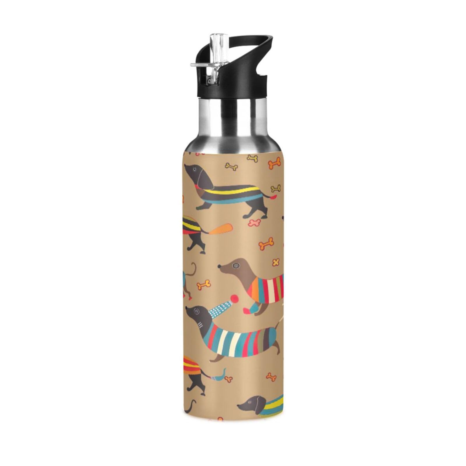JUMBEAR Botella de agua con diseño de perro salchicha con tapa con pajilla, 1000 ml, botellas de agua de acero inoxidable con aislamiento al vacío, a prueba de fugas, para fitness, deportes al aire