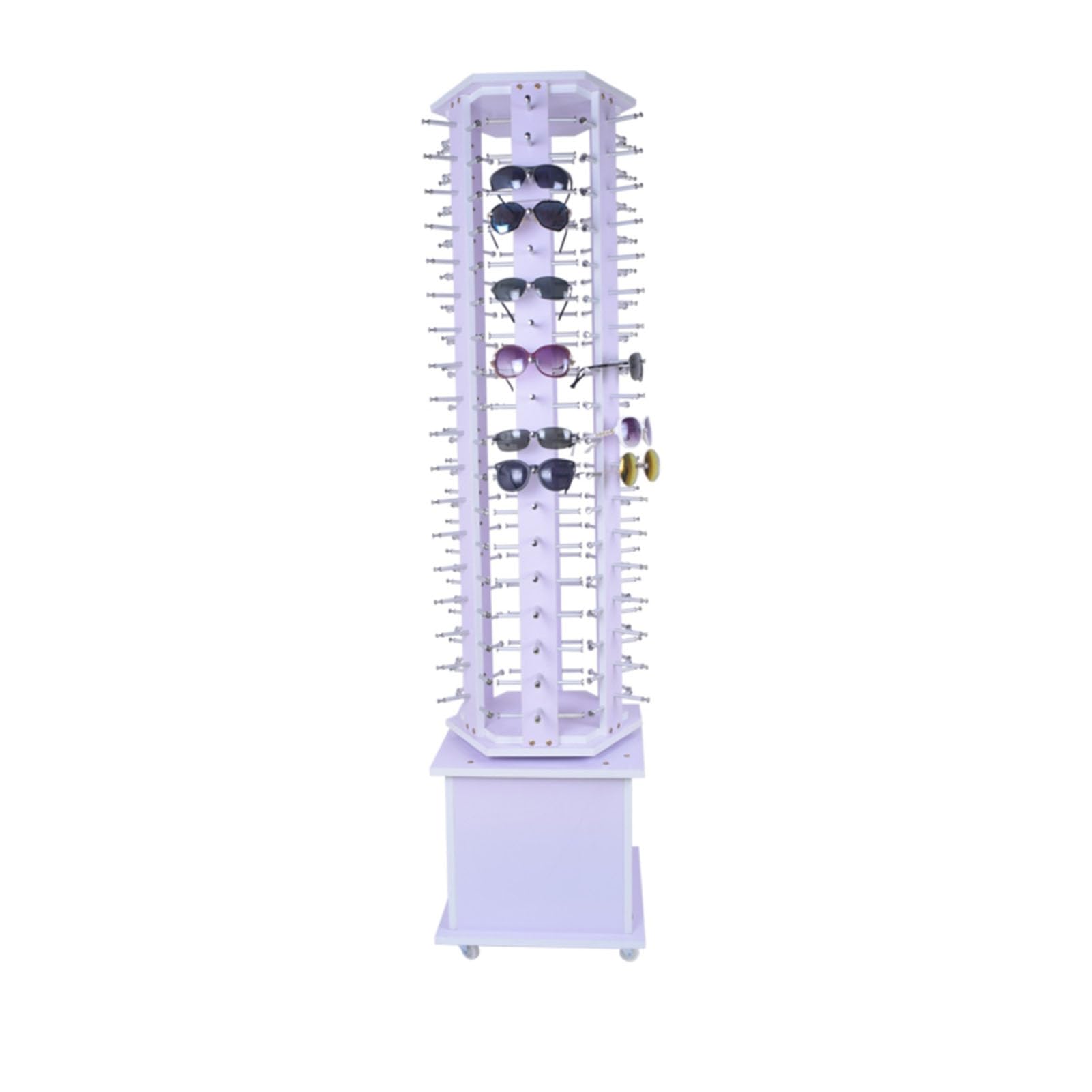 CAFIEDR Floor-Standing Rotating Glasses Storage Display Stand With Wheels,72/90/108 Pairs Modern Sunglasses Storage Organizer Commercial Eyewear Hanging Rack, Wooden Reading Glasses H.White-72 pay