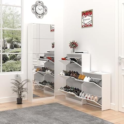 GLSCASA Modern Shoe Cabinet with Full Length Mirror, Freestanding Shoe Storage Organizer with 5 Flip Drawers, Separate 3 + 2 Tier Shoe Cupboard for Entryway, Dressing Room Cover