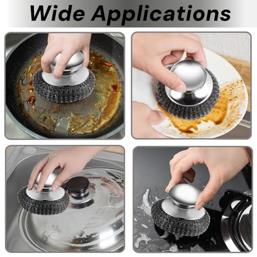 Image of 4Pcs Steel Wool Scrubber,Stainless Steel Scrubber,Metal Scrubber,Steel Scrubber for Dishes,Stainless Steel Wool Scrubber with Handle, for CleaningKitchen Pots, Pans, Stove Sinks,(2 Scrubber+2 Pads)