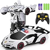 ZENFOLT Transform Car Robot, Remote Control Car One Button Transforms into Robot with Flashing Lights, RC Transforming Police Car Toy with 360 Degree Rotating Drifting