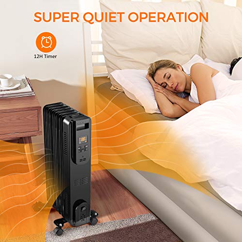 Oil-Filled Radiator Space Heater, 1500W Portable Electric Heater w/Remote Digital Thermostat, 3 Heat Modes Quiet Oil Heater w/ 12H Timer, Safety Features, LED Display, for Full Room Indoor Office Use