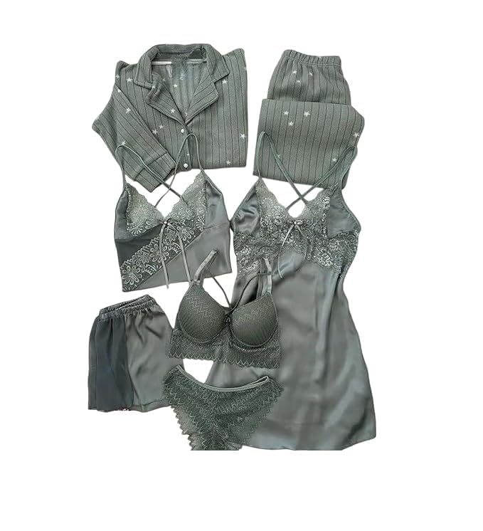 e - ezra Valentine's Day Fancy Night Suit & Bra Penty Set Combo for Women's Pack of 7 Pcs Nightwear Lingerie Grey Nightwear Wedding Gifts Women Dress-picture-30