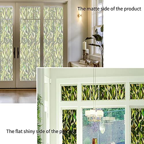 Funlife Privacy Stained Glass Window Film, Single Sided Static Cling Glass Covers, Decor For Bathroom Glass Window, 17.7"X118", Green Leaves #TOP1