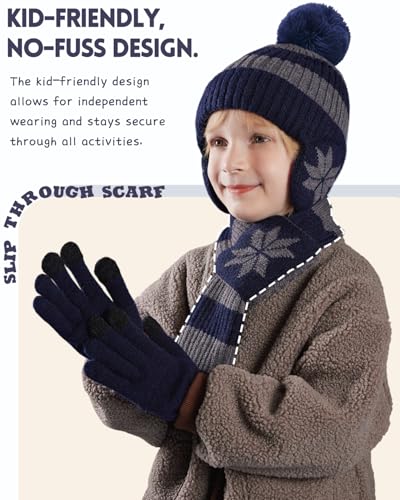 Image of Kids Winter Beanie Hat Scarf Gloves Set 3Pcs, 3-12Y Fleece Lined Knit Hat With Earmuffs Pom Touchscreen Gloves For Boys Girls