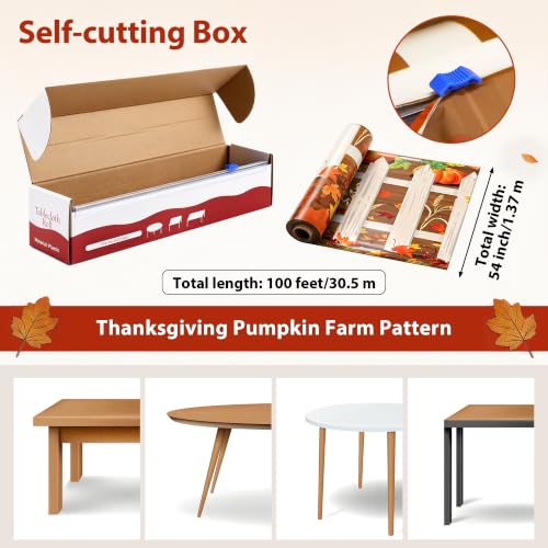 Image of Kochorie 100 Ft x 54 Inch Fall Pumpkin Patch Party Tablecloth Roll with Cutter Box Waterproof Plastic Pumpkin Maple Leaf Backdrop Table Cover for Autumn Thanksgiving Party Decor