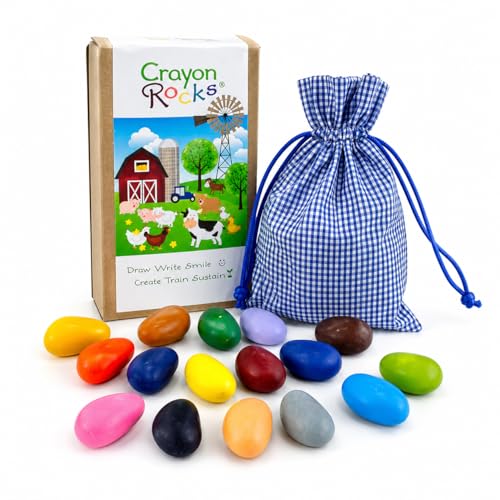 Crayon Rocks Crayons in a Rock Shape 16 Count Tripod Grip Made for Handwriting Development in Kids and Toddlers Fun & Educational Creative Activity Comes in a Farm-Themed Bag - 16 Colors