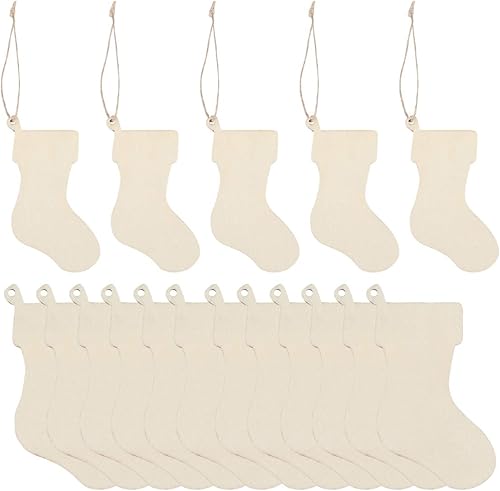 Miniatura 2 de EXCEART 50 piezas de medias de Navidad de madera, rebanadas de madera sin terminar con cordón para adornos colgantes de bricolaje, decoración de