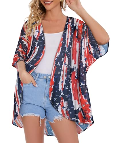 Image of Women's Floral Print Puff Sleeve Kimono Cardigan Loose Cover Up Casual Blouse Tops 2026