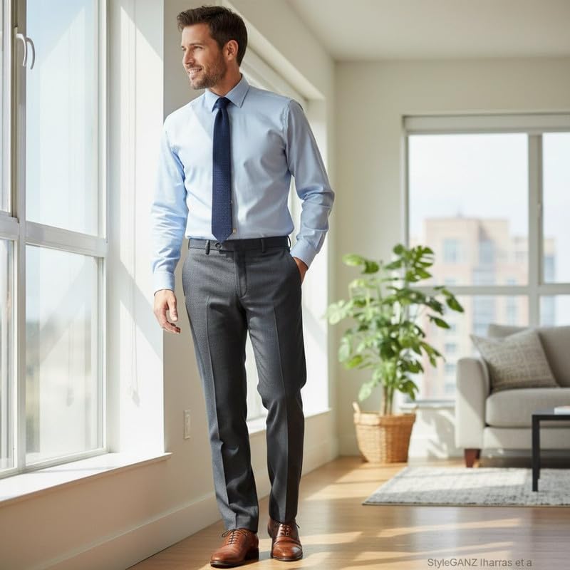 Men's Black Pinstripe Dress Pants with Rear Pockets Tailored Fit for Office Formal Events