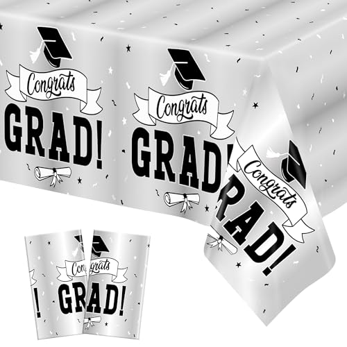 2 Pcs 2026 Graduation Table Decorations, 108" X 54" Silver Graduation Table Cloths, Rectangle TableCovers for Grad Party Supplies, Disposable Plastic Tablecover for Class 2026 Congrats Grad for Kids