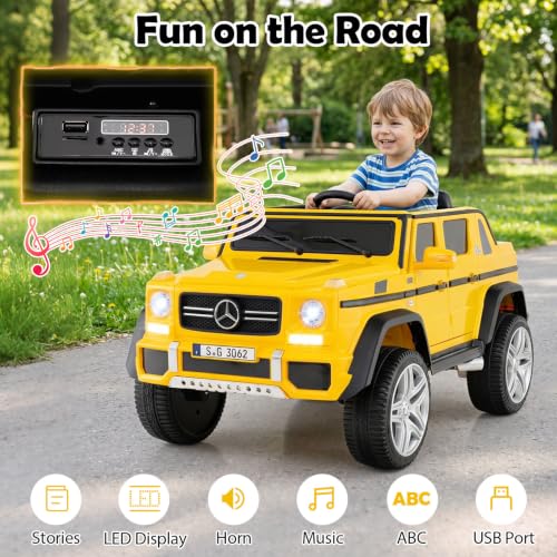 Image of Costzon Ride on Car, Licensed Mercedes-Benz Maybach, 12V Battery Powered Vehicle Toy w / 2 Motors, Remote Control, 3 Speeds, Lights, Horn, Music, Aux, Storage, Truck, Electric Car for Kids (Yellow)