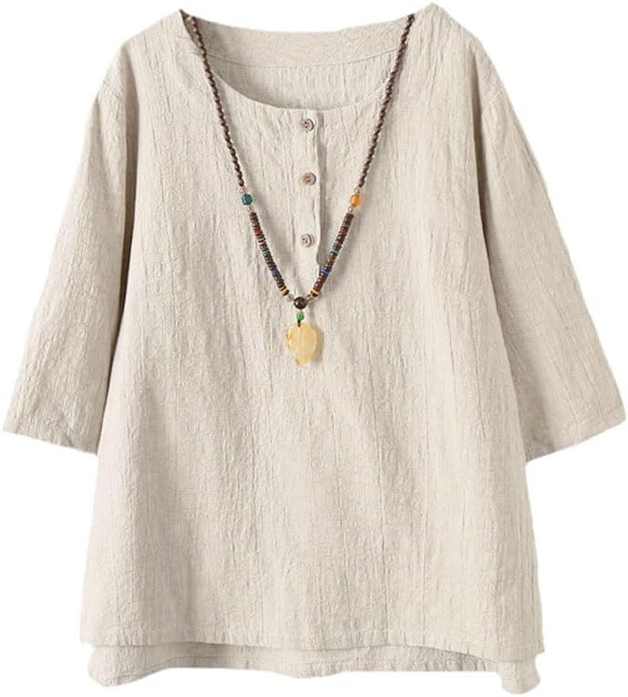 FTCayanz Women’s Linen Tops Shirts Summer Casual Jacquard Tunic Blouse